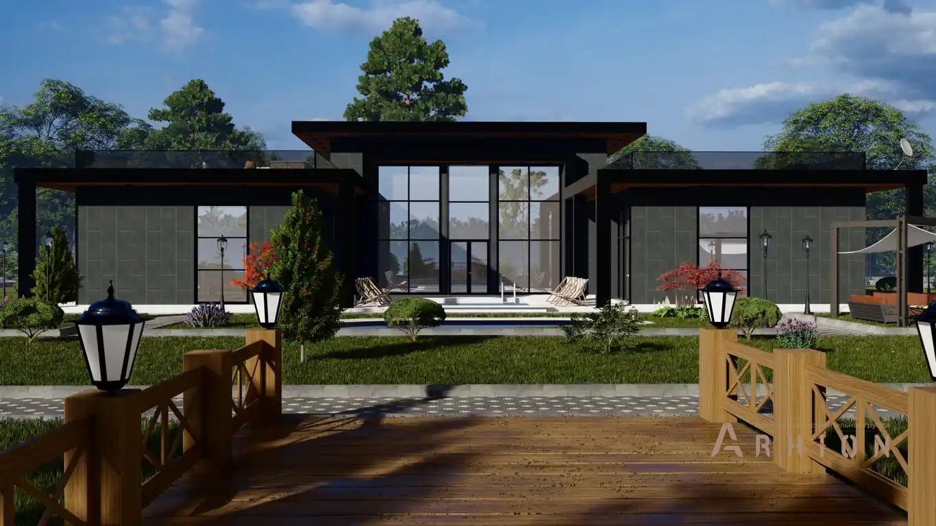 5. Проект двухэтажного дома в стиле хай-тек с плоской кровлей , h-1612, площадью - 545 кв c терассой, балконом, гаражом